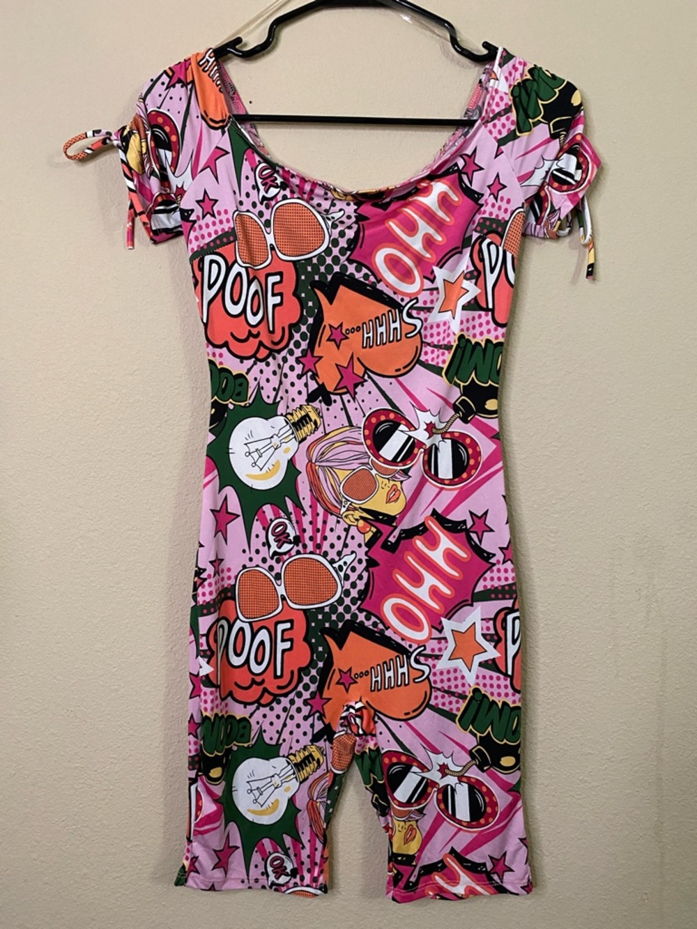 Sabora Pink stretch knit Pop Art Playsuit with Multicolor Graphic Print S 💕💕